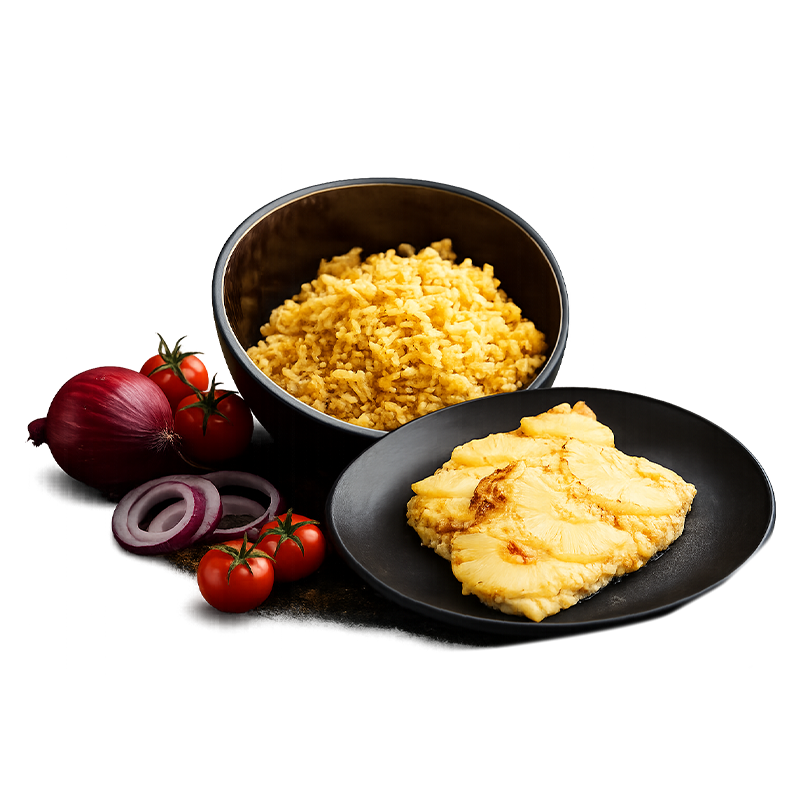 Kanafilee juustu ja ananassiga + basmati riis porgandiga